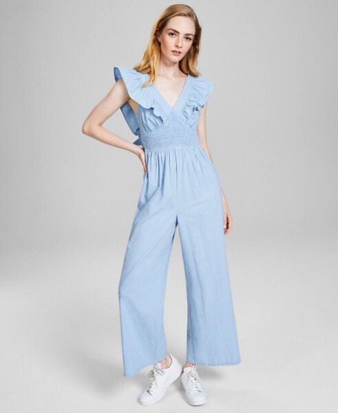 Women's Cotton V-Neck Ruffled Jumpsuit, Created for Macy's