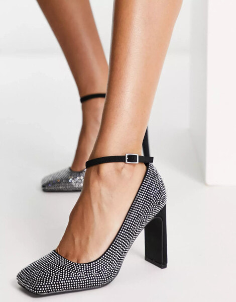 ASOS DESIGN Pacific embellished square toe high heeled shoes in black