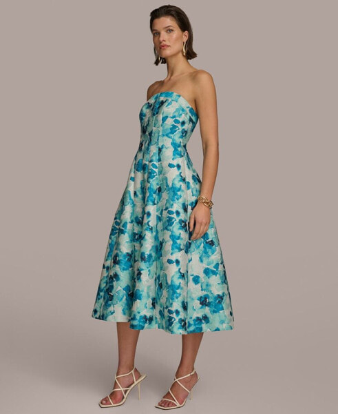 Women's Floral-Jacquard Strapless Midi Dress