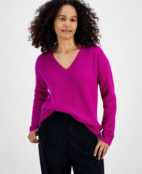 Women's 100% Cashmere Ribbed V-Neck Sweater, Regular & Petites, Created for Macy's