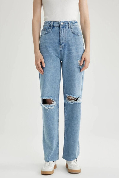 90's Wide Leg Yırtık Detaylı Jean Uzun %100 Pamuk Pantolon