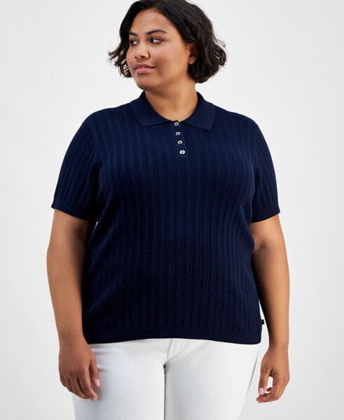 Plus Size Ribbed Short-Sleeve Polo Sweater