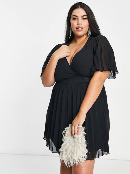 ASOS DESIGN Curve exclusive mini dress with kimono sleeve and tie waist in pleat in black