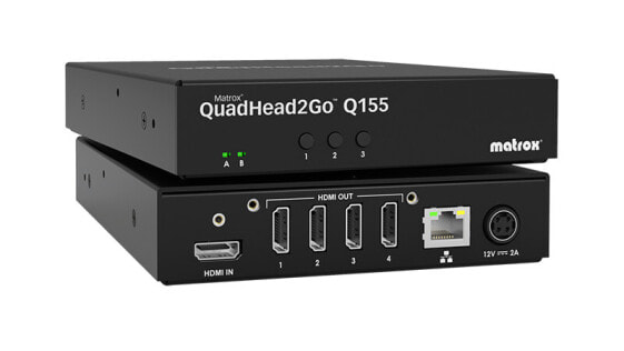 Matrox QuadHead2Go Q155 Multi-Monitor Controller Appliance / Q2G-H4K - Black - Metal - Regulatory/environmental compliance: EMC Class A: FCC - CE - KC - RCM - VCCI - 1000 Mbit/s - 10/100Base-T(X) - 1 GB