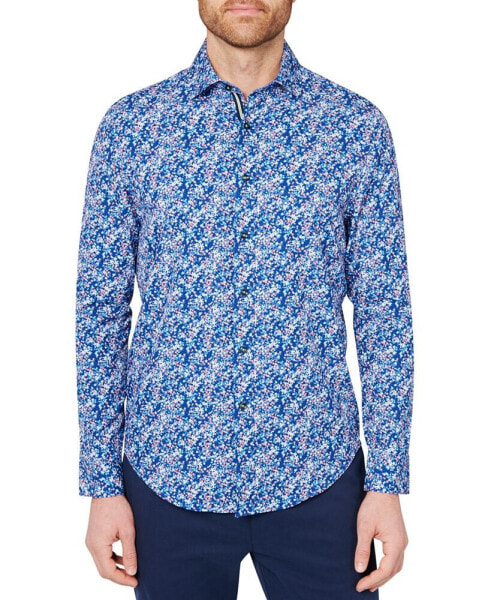 Men's Slim Fit Non-Iron Mini Floral Print Performance Stretch Button-Down Shirt