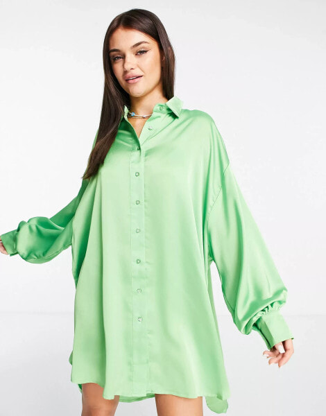 Glamorous button through shirt dress in apple green satin