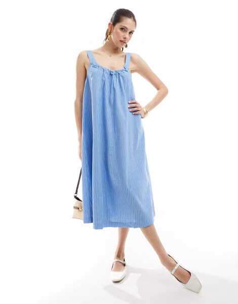 Vero Moda cotton ruched neck maxi dress in blue stripe