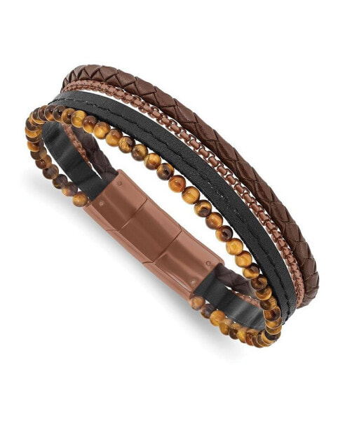 Stainless Steel Brown IP-plated Tiger Eye Leather Bracelet