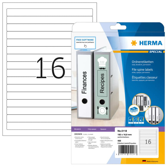 HERMA File labels A4 192x16,9 mm white paper matt opaque 400 pcs. - White - Self-adhesive printer label - A4 - Paper - Laser/Inkjet - Permanent