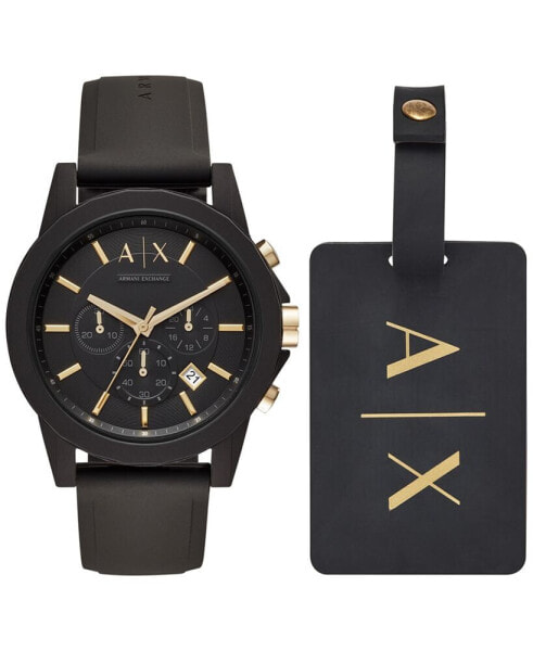 Men's Chronograph Black Silicone Strap Watch 45mm Gift Set