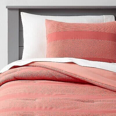 Twin Waffle Striped Comforter Set Pink - Pillowfort