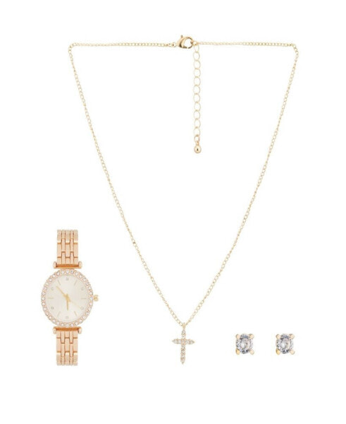 Women's Analog Shiny Gold-Tone Metal Bracelet Watch 34mm with Necklace Earring Set