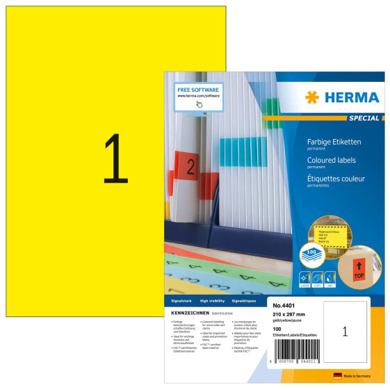 HERMA Coloured Labels A4 210x297 mm yellow paper matt 100 pcs. - Yellow - Self-adhesive printer label - A4 - Paper - Laser/Inkjet - Permanent