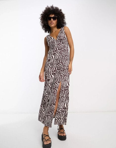 ASOS DESIGN linen v neck maxi slip sundress in natural zebra print