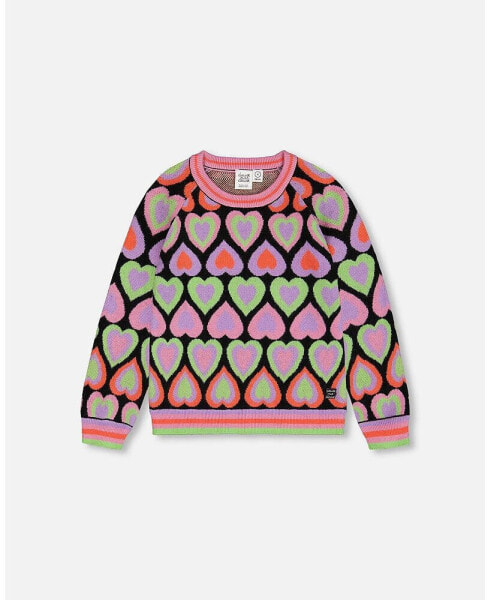 Big Girls Jacquard Hearts Sweater Multicolor