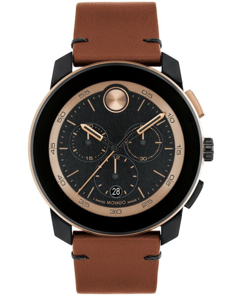 Men's Bold TR90 Swiss Quartz Chronograph Cognac Leather Watch 44mm