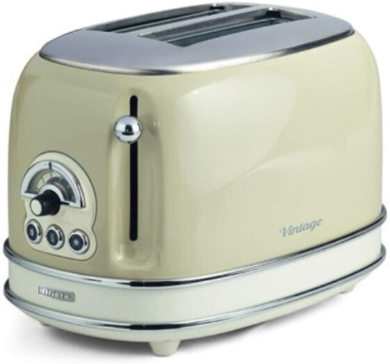 Ariete Vintage 155, 2-Scheiben-Toaster, Retro Toaster mit 6 Toaststufen, Automatischer Auswurf, Auftaufunktion, Herausnehmbares Krümelfach, Gehäuse aus Edelstahl, mit Sandwichzangen, 810W, Beige [Energy Class A]