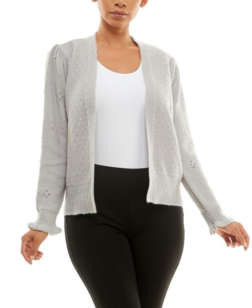 Women's Long Sleeve Novelty Stitch Front Sweater Cardigan with Imitation-Pearls