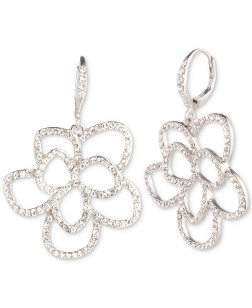 Silver-Tone Crystal Open Floral Drop Earrings