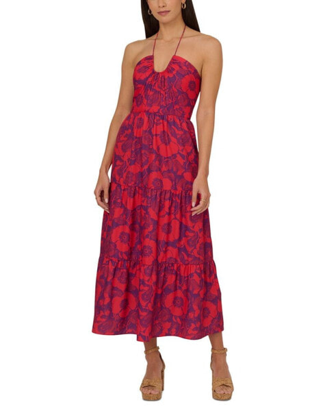 Women's Floral Print Halter Sleeveless Midi Dress