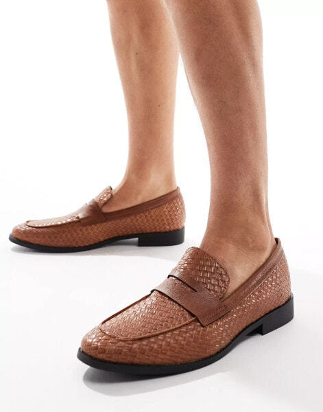 London Rebel X wide fit wide fit faux leather woven loafers in tan