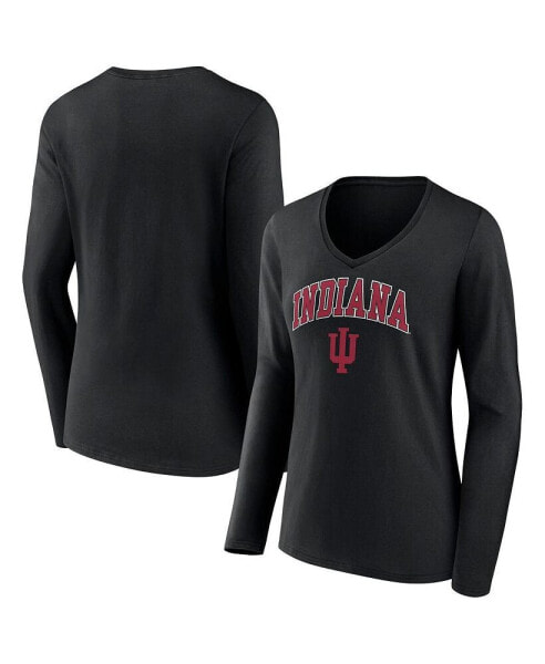 Women's Black Indiana Hoosiers Evergreen Campus Long Sleeve V-Neck T-shirt