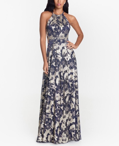 Metallic Floral Halter Gown