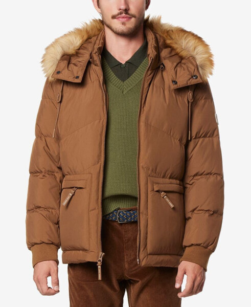 Men's Down Bomber with Faux Fur Trim and Removable Hood