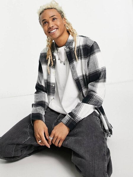 ADPT oversized brushed check shirt with fray hem in black 