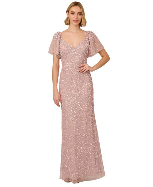 Women's Beaded Sequin Mesh Gown