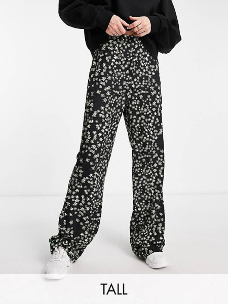 Pieces Tall exclusive flared trousers in black floral