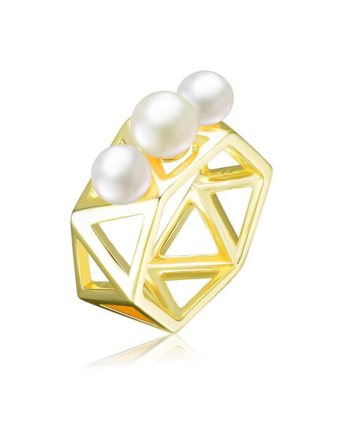 Sterling Silver with 14K Gold Plated 6-6.5MM freshwater Pearls in Adjacent Triangles Design Geometric Ring