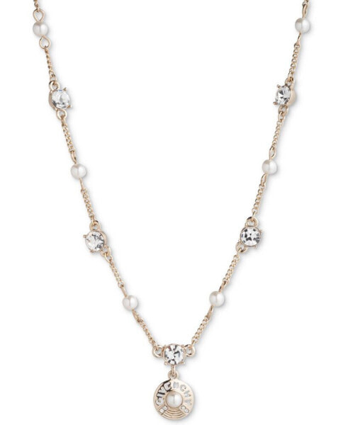 Gold-Tone Imitation Pearl & Crystal Logo Pendant Necklace, 16" + 3" extender