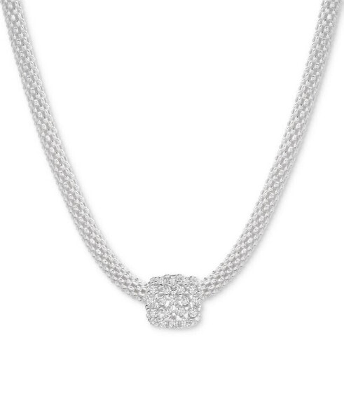 Cubic Zirconia Square Charm Mesh Link Pendant Necklace in Sterling Silver, 18" + 2" extender