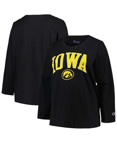 Women's Black Iowa Hawkeyes Plus Size Arch Over Logo Scoop Neck Long Sleeve T-shirt