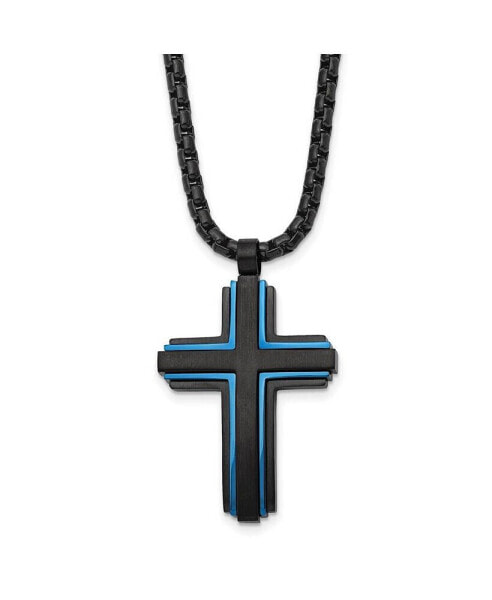 Brushed Black and Blue IP-plated Cross Pendant Box Chain