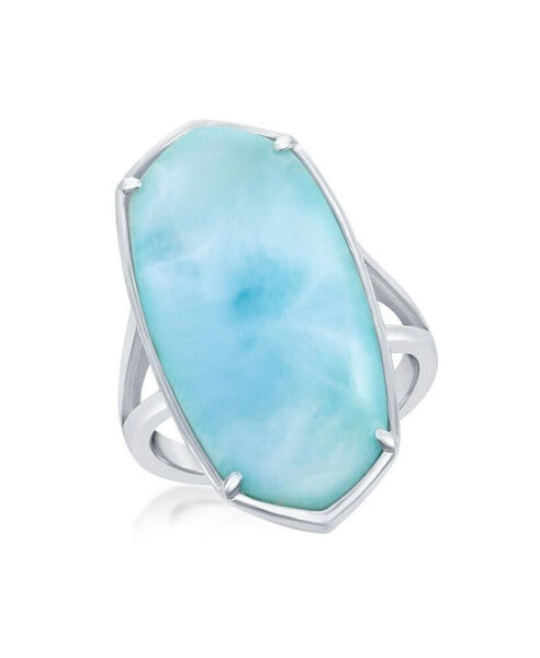 Sterling Silver Long Hexagon Larimar Ring