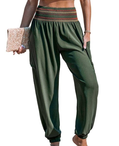 Women's Olive Smocked Waist Patch Pocket Tapered Leg Pants