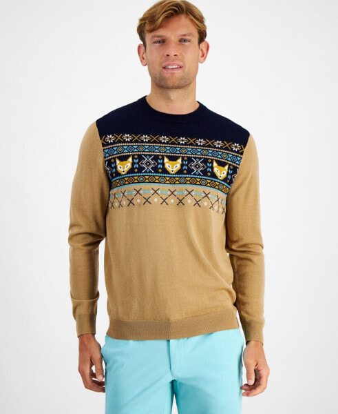 Men's Fox-Pattern Merino Crewneck Sweater, Created for Macy's