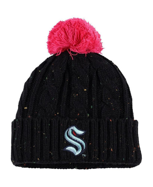 Big Girls Black Seattle Kraken Nep Yarn Cuffed Knit Hat with Pom