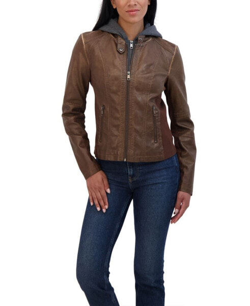 Women's Zip Front Faux Leather Jacket With Removeable Hood Bib