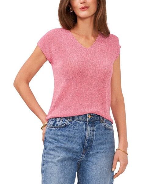 Women's Metallic V-Neck Short-Sleeve Sweater