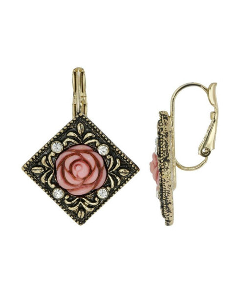 Gold-Tone Pink Carved Rose with Crystal Accents Diamond-Shape Drop Earrings