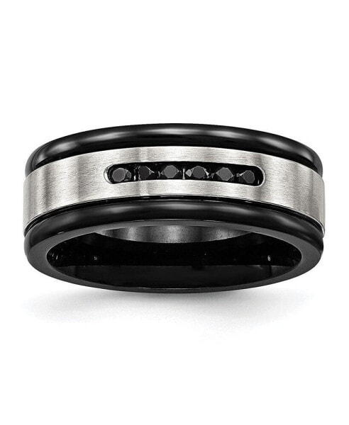 Stainless Steel Black IP-plated Black CZ 8mm Grooved Band Ring