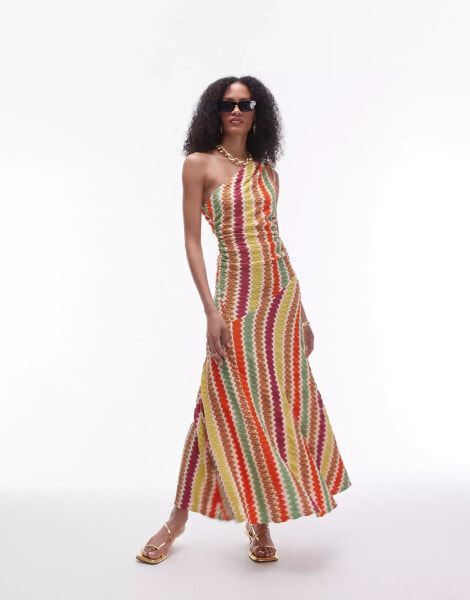 Topshop crochet one shoulder ruched side midi dress in multi stripe