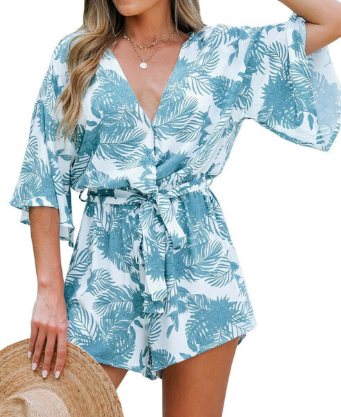 Women's Tropical Floral Leaf Print Belted Romper