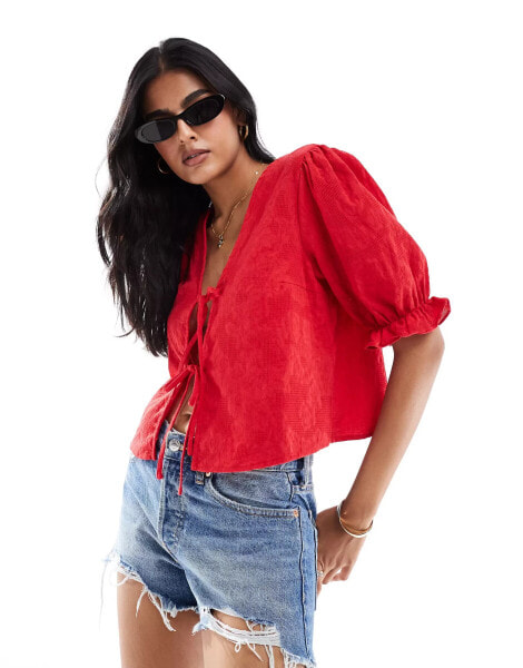 Pieces tie front statement sleeve top in poppy red