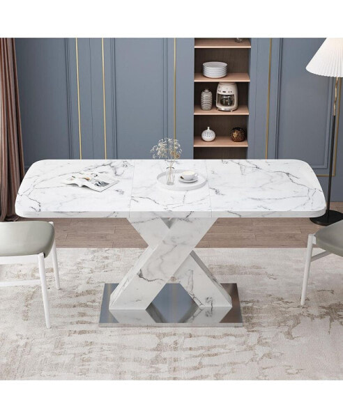 White marble dining table with X-shaped metal legs