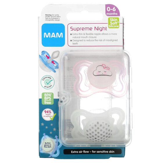 Пустышка MAM Supreme Night для сна, 0-6 месяцев, розовая/прозрачная, 2 шт.