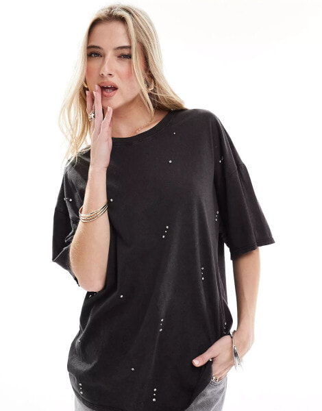 ONLY boxy fit t-shirt with rhinestone in washed black